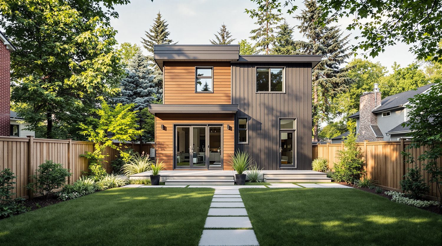 A modern two-storey garden suite in a landscaped backyard behind a main home