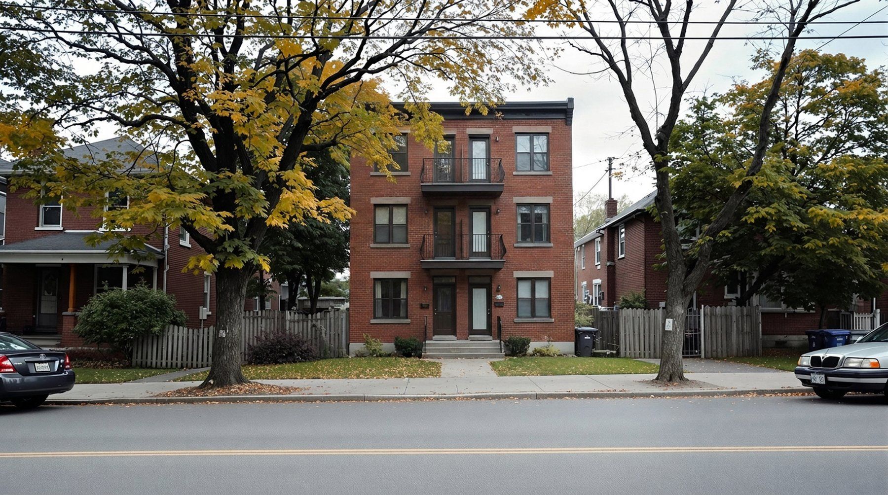 After: the same lot as a modest brick fourplex that fits the street