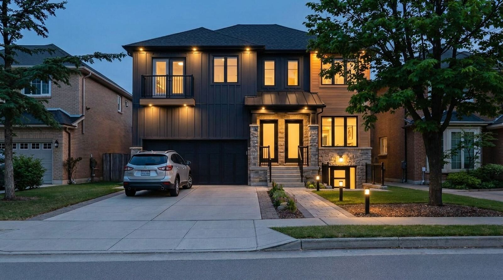 A four-unit fourplex on a suburban Ontario street at dusk